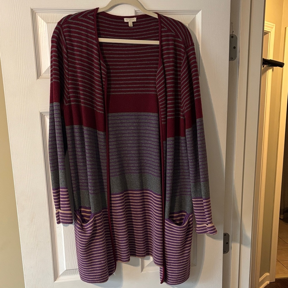 Talbots Burgundy and Purple Striped Open-Front Cardigan